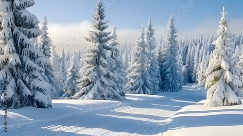 Snowy landscape with frosted trees and clear blue sky in a tranquil forest.  © Kolapatha