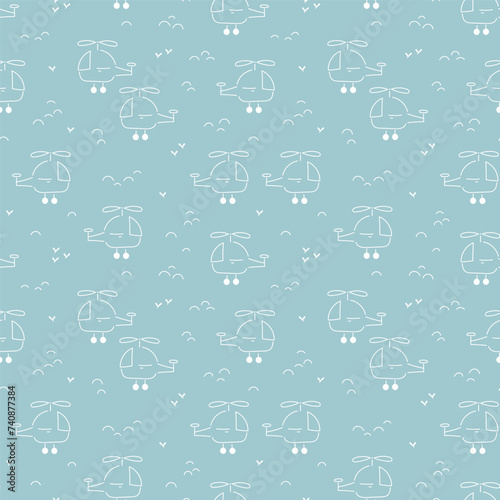 Cute Cartoon Helicopter and Clouds Seamless Pattern for Baby Boy. Line Art Flying Helicopters. Vector Blue Pattern for Kids Fashion.