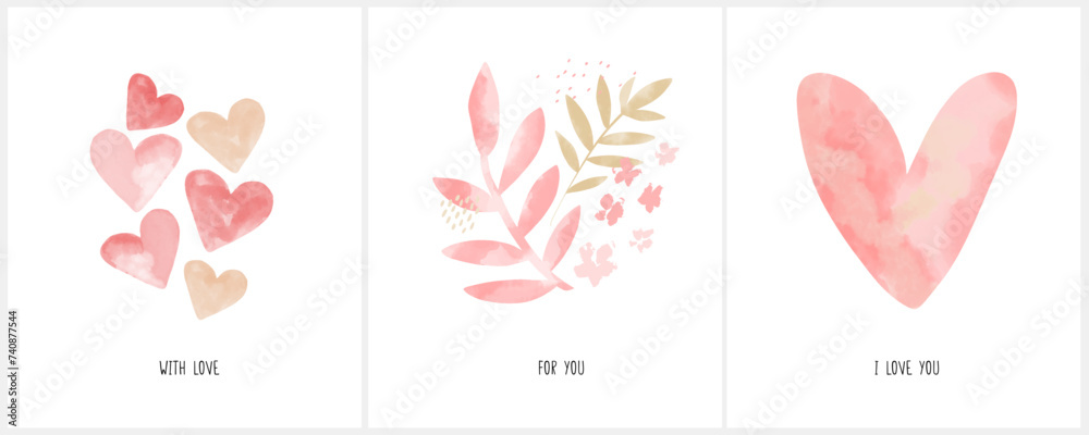 Set of 3 Watercolor Cards. Simple Vector Illustration with Hand Drawn Light Pink and Red Hearts isolated on a White Background. Trendy Floral Art with Twigs and Flowers.Valentine's Day Prints. RGB.