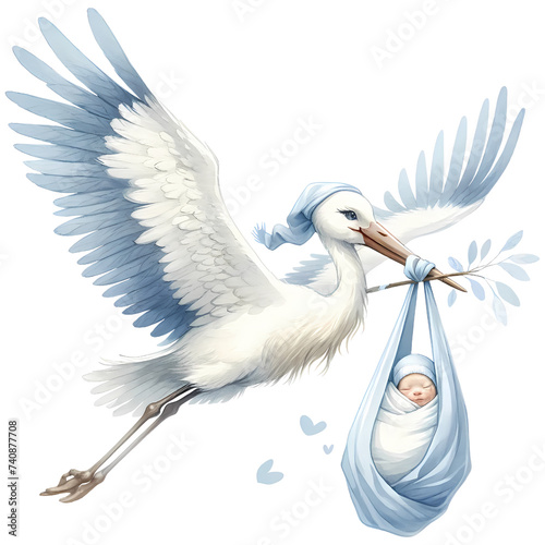 A tender illustration of a stork delivering a newborn baby wrapped in a cloth, epitomizing the joy of a new life.