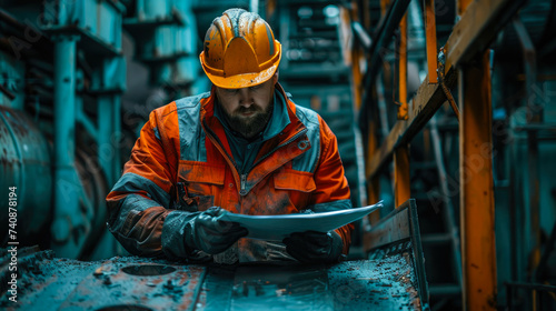 A determined blue-collar worker in a bright orange jacket and hard hat reads over his plans, ready to take on the challenges of his engineering job