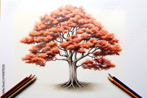 a simple drawing drawn with colored pencils Tree. Concept You can create a simple drawing of a tree using colored pencils, Start by sketching the outline of the tree trunk and branches photo