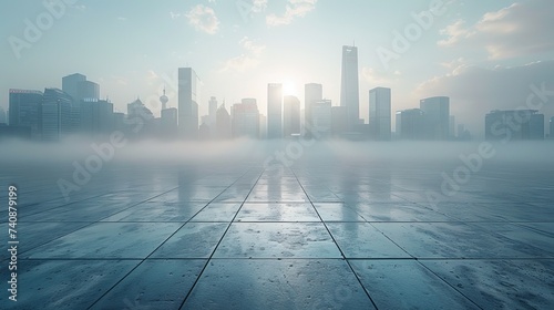 Square floor with city skyline and building background