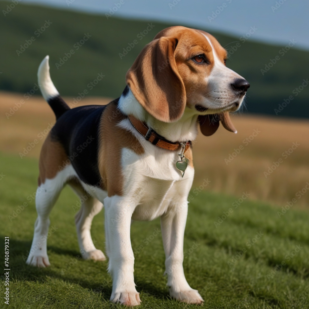 Beagle breed hunting dog poses with its whole body in nature