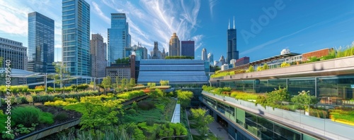 Eco friendly urban design green roofs and solar powered buildings dominating skylines