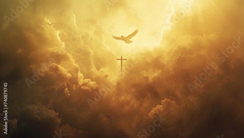 a cloudy sky with a dove and a cross in the middle Generative AI photo
