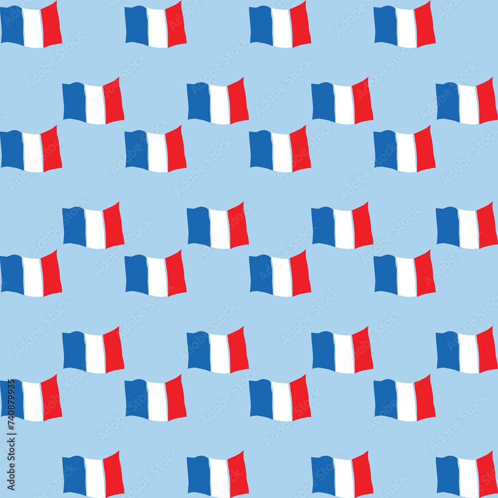 Fototapeta premium Seamless pattern with flags of France on a blue background.