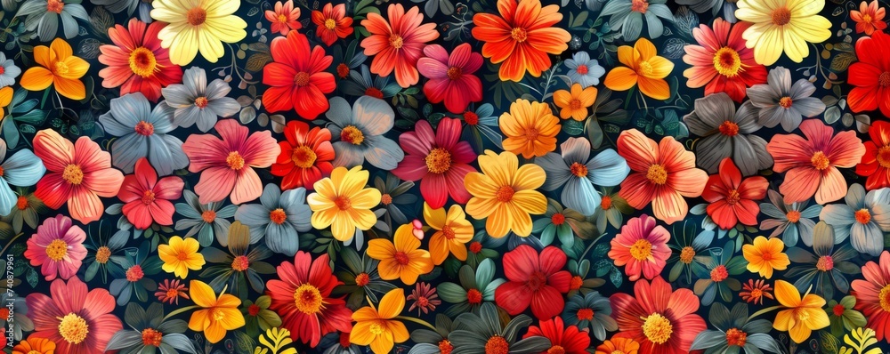 Vibrant floral seamless texture a tapestry of natures colors in bloom - obrazy, fototapety, plakaty 