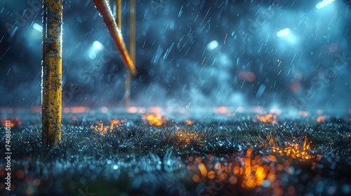 This is the 3D rendering of an American football arena with a yellow goal post, grass field, and a blurred view of fans on a playground. 3D render. Flashlights. Concept of outdoot sport, football,