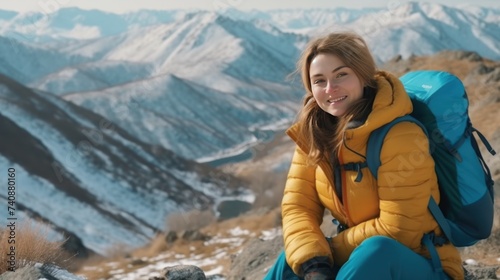 Delighted young woman resting on the slopes of the mountain while feeling happy, generate AI