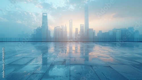 City skyline and empty square floor with building background © Zaleman