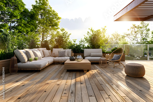 Wooden terrace with garden furniture.