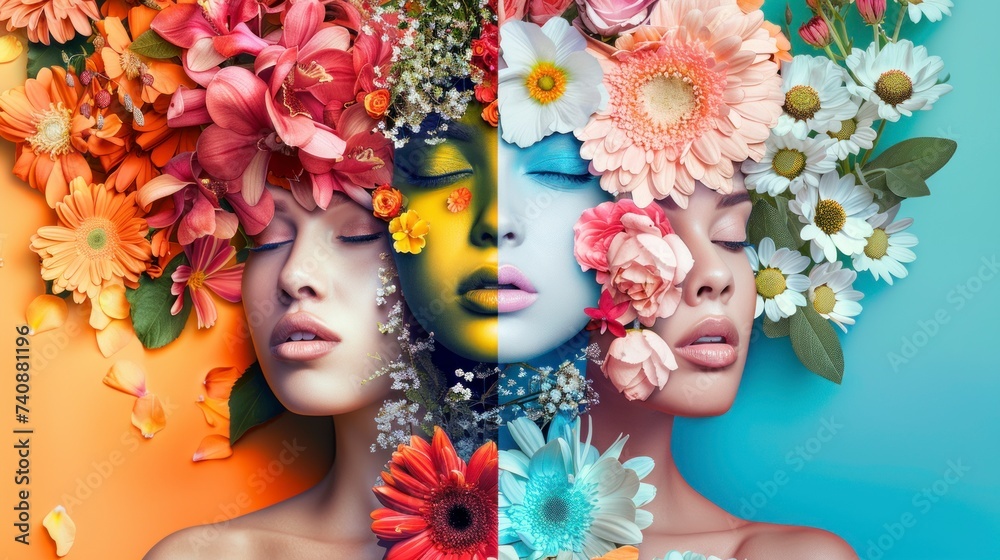 group of women with artistic makeup themed with real flowers on a colorful background in a professional studio in high resolution and high quality. professional artistic makeup concept by 