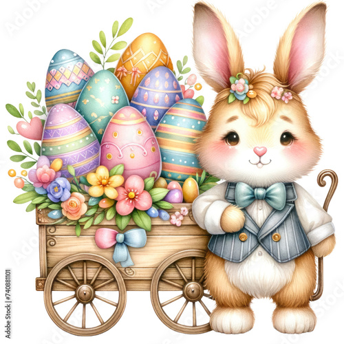 Cute Easter Bunny Pulling a Wooden Cart Full of Colorful Eggs Illustration