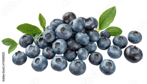 Blueberries with leaves isolated on transparent background.