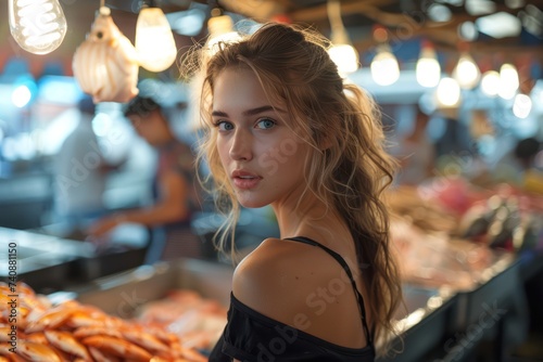 Beautiful female model in the Hong Kong goldfish market