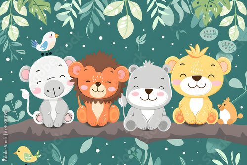 Cute cartoon animals on background for kids.