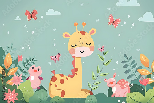 Cute cartoon animals on background for kids.