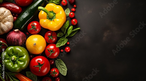Assorted fresh ripe fruits and vegetables. Food concept background. Top view. Copy space