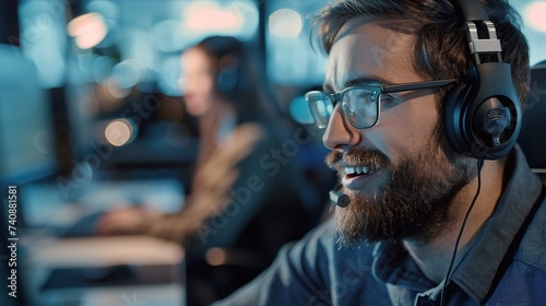 Man smiling wearing headphones providing customer service in office