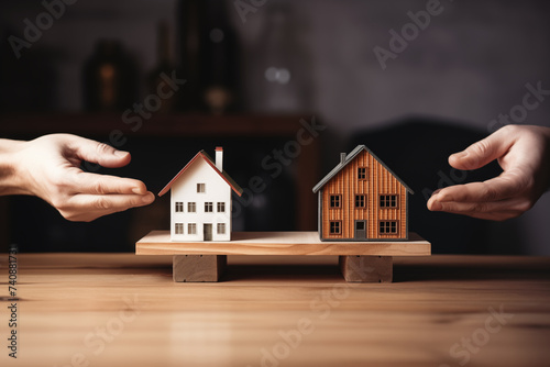 Two hands are seen exchanging a larger model house for a smaller one. Concept of downsizing in property ownership or living space.