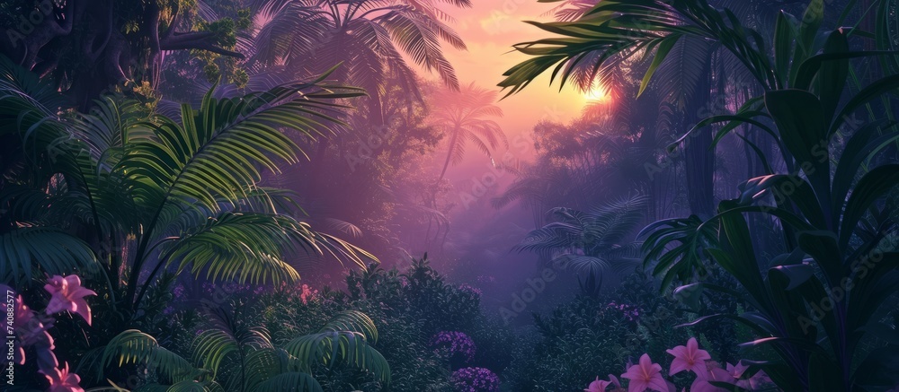 The violet sunlight filters through the dense canopy of trees in the jungle, casting a pink hue on the terrestrial plants and grass below - obrazy, fototapety, plakaty 