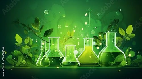Biology laboratory nature and science, Plants with biochemistry structure and chemical formula on green background.