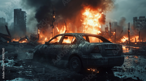 A burned car against the backdrop of a destroyed and burning city. World War concept.