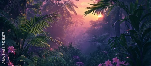 The violet sunlight filters through the dense canopy of trees in the jungle  casting a pink hue on the terrestrial plants and grass below