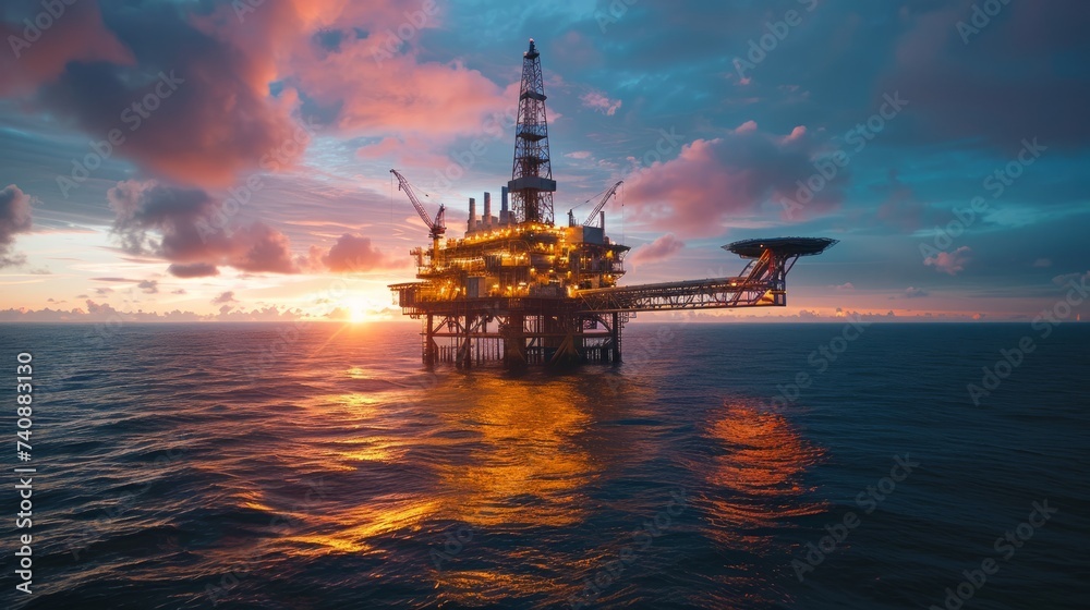 Sunset view of an offshore oil drilling platform in a tranquil ocean, with vibrant skies and reflection on water. Alternative energy sources within the context of the oil industry, AI