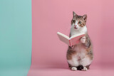 Funny cute cat reading book isolated on pastel background.