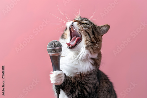 Cute cat sing a song and holding microphone isolated on pastel background studio. photo