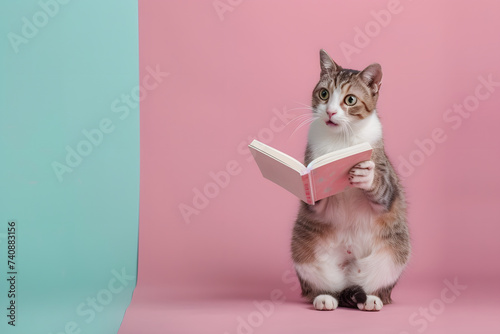 Funny cute cat reading book isolated on pastel background.