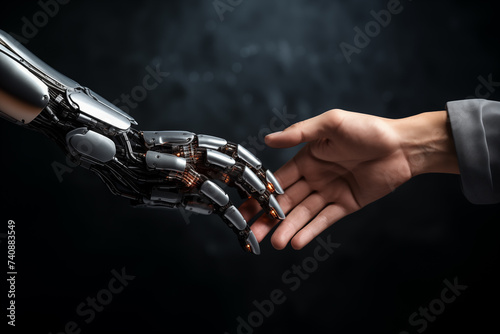 Hand greeting with artificial intelligence, robot hand and human hand touching each other. Technology meets humanity background © prima91