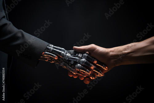 hand greeting with artificial intelligence AI, robot hand and human hand touching each other