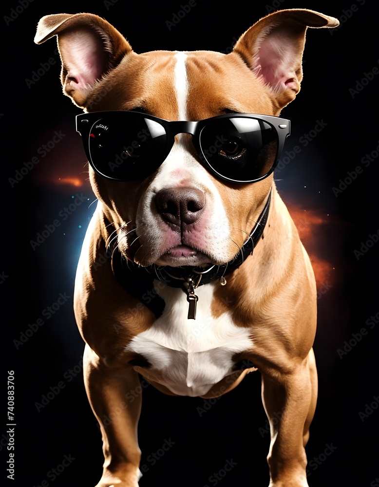 A carnivorous dog breed with fawncolored fur, whiskers, and wearing sunglasses. The companion dog has a collar around its neck and is seen against a black background