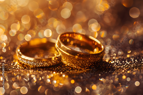Two gold wedding ring on bokeh background.