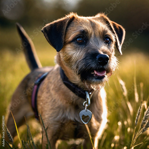 Border terrier dog poses with his whole body in nature