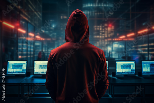 dangerous hooded hacker breaks into data servers and infects their system with a virus. photo