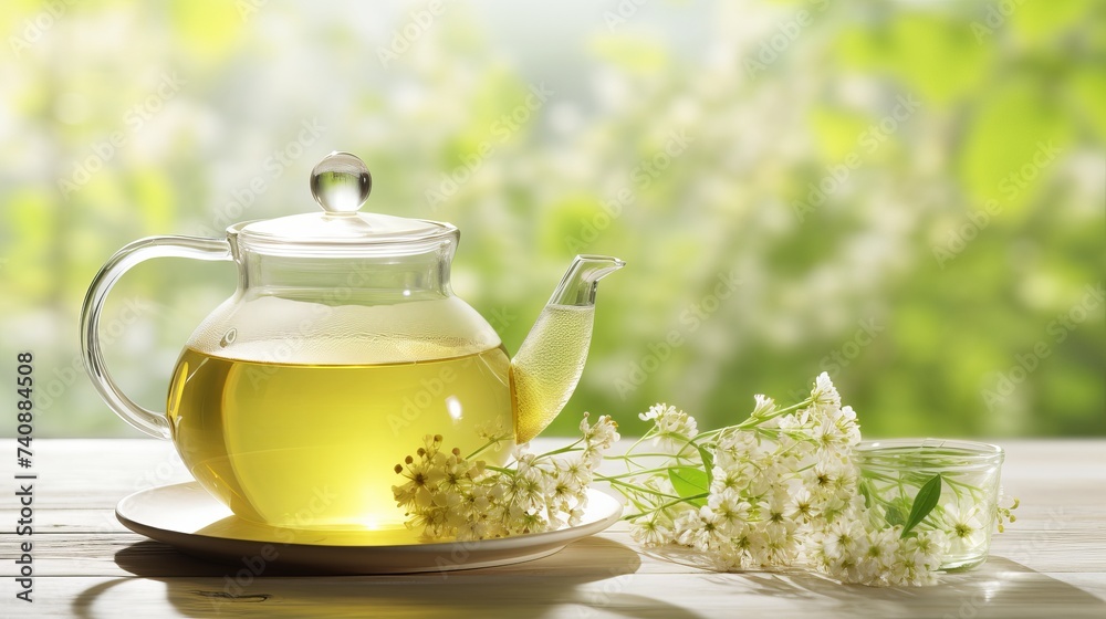 Cup with green tea and teapot on white wooden table background. over light Cup with green tea and teapot on white wooden table background. over light