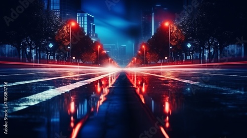 Dark street, reflection of neon light on wet asphalt. Rays of light and red laser light in the dark. Night view of the street, the city. Abstract dark blue background © Elchin Abilov
