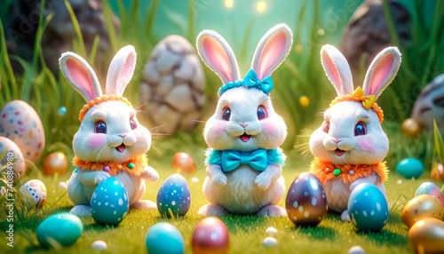 Several cute Easter bunnies are sitting on the lawn surrounded by Easter eggs and sweets.