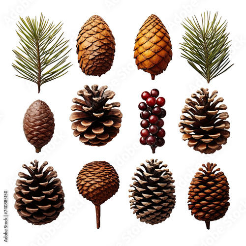  a collection of pinecones arranged separately isolated on a transparent background