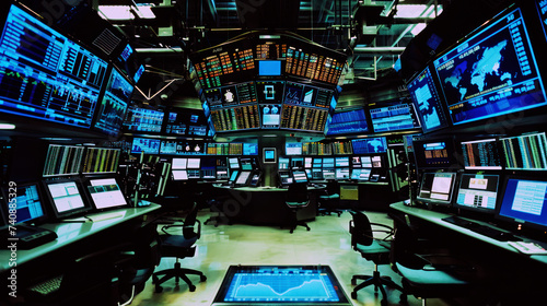 High-tech control room with multiple screens and data displays