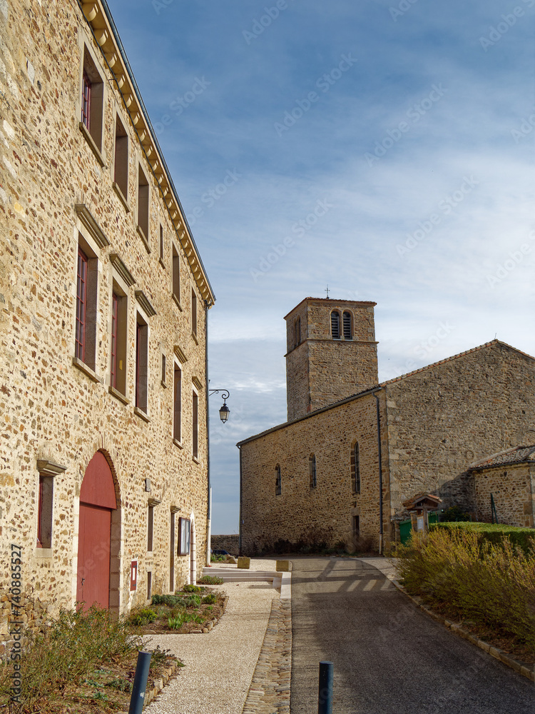 View of the back of the Church of the Conversion of Saint Paul and the City Hall, medieval city of Riverie, France