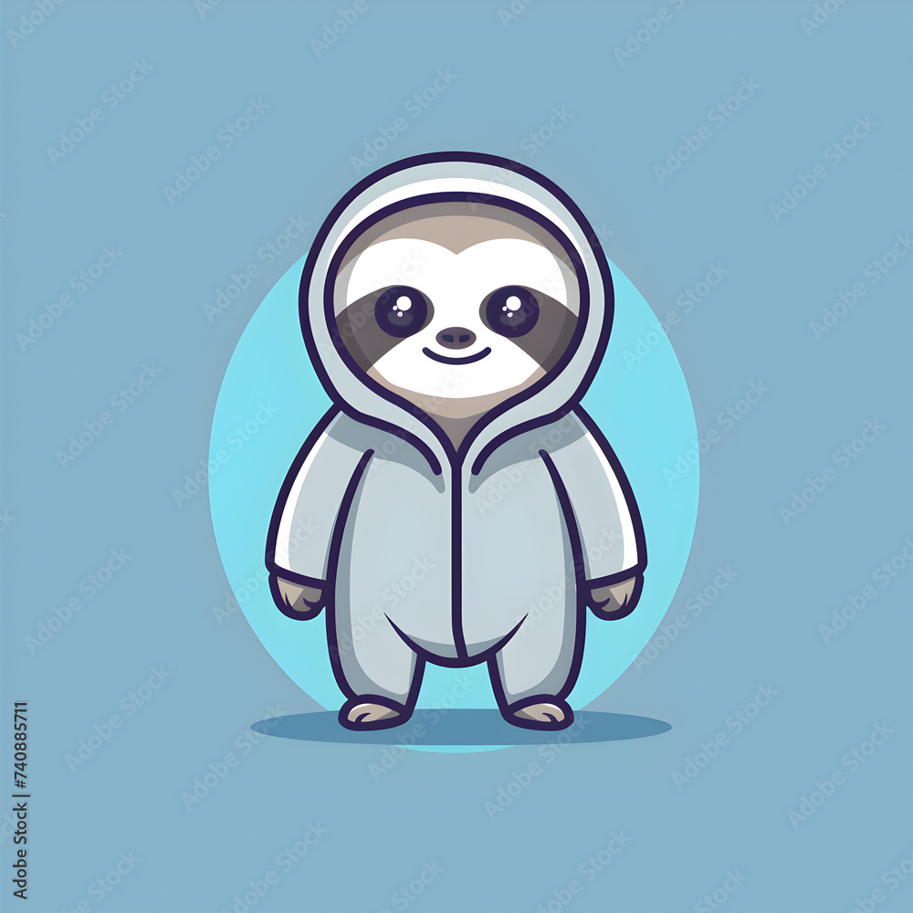 Obraz premium A logo illustration of a sloth in a onesie on a light blue background.