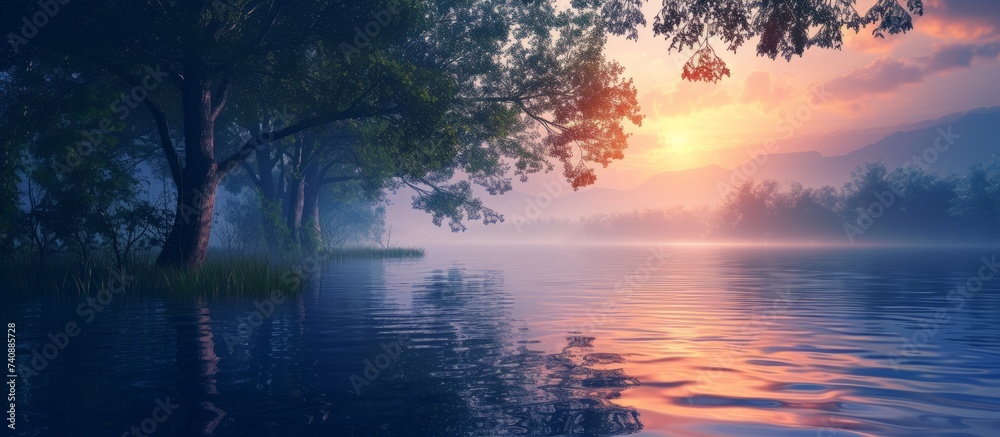 Obraz premium Tranquil lake surrounded by lush green trees and reflecting water surface in the foreground