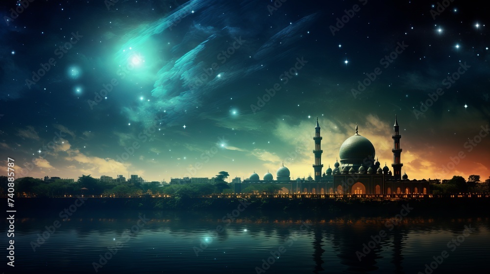 Eid Mubarak background with moon and stars, holy month, Ramadan Kareem. Elements of this image furnished by
