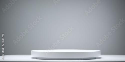 White colour podium, stand for sample product. White background, empty room with shadows. Generative AI