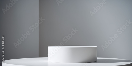 White colour podium, stand for sample product. White background, empty room with shadows. Generative AI